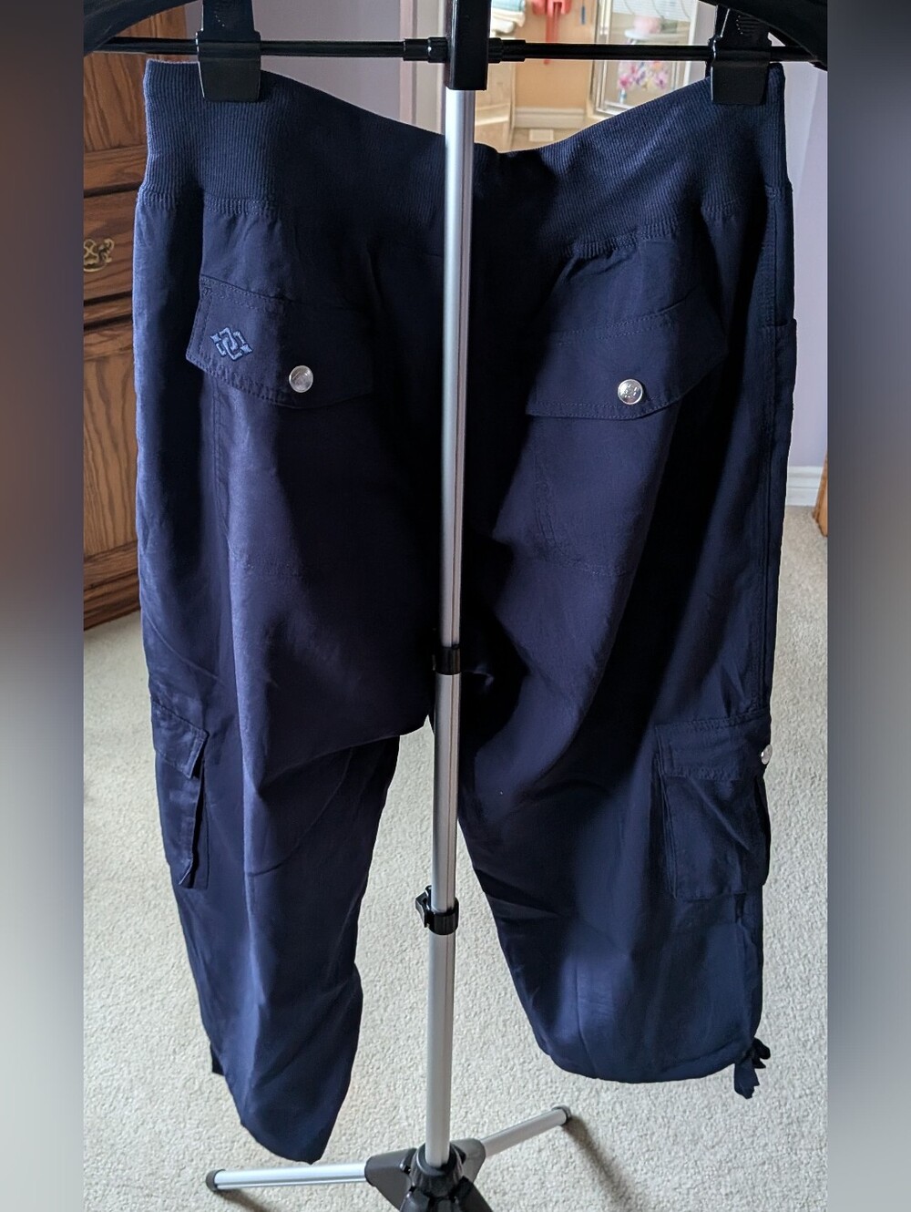Women's Dark Navy Drawstring Cargo Capris with Pockets - Picture 2 of 4